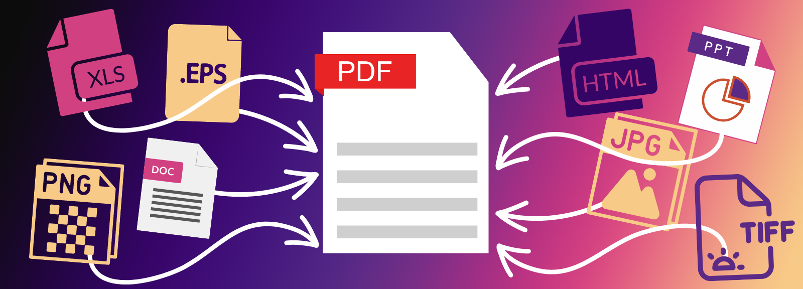 Many different file type icons (XLS, PNG, HTML, etc) are all marging with arrows into a large PDF file icon