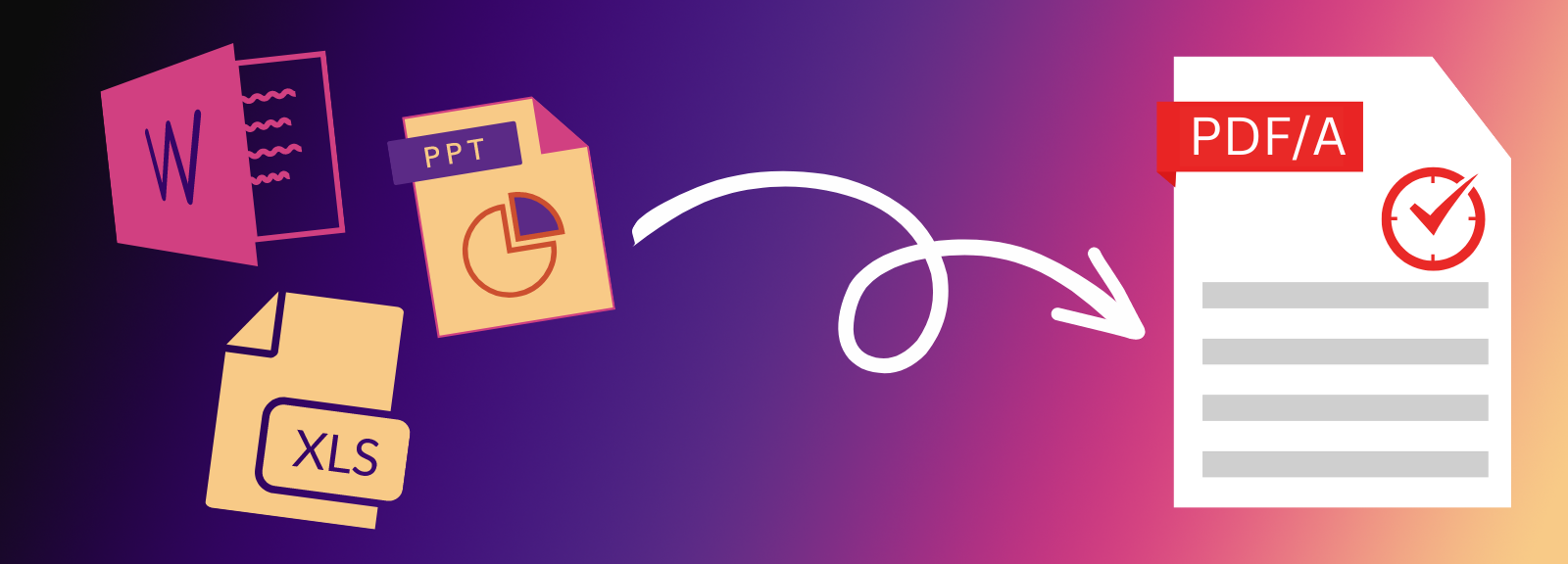 Microsoft Work, Powerpoint, and XLS icons corkscrew towards a PDF/A labelled document icon.
