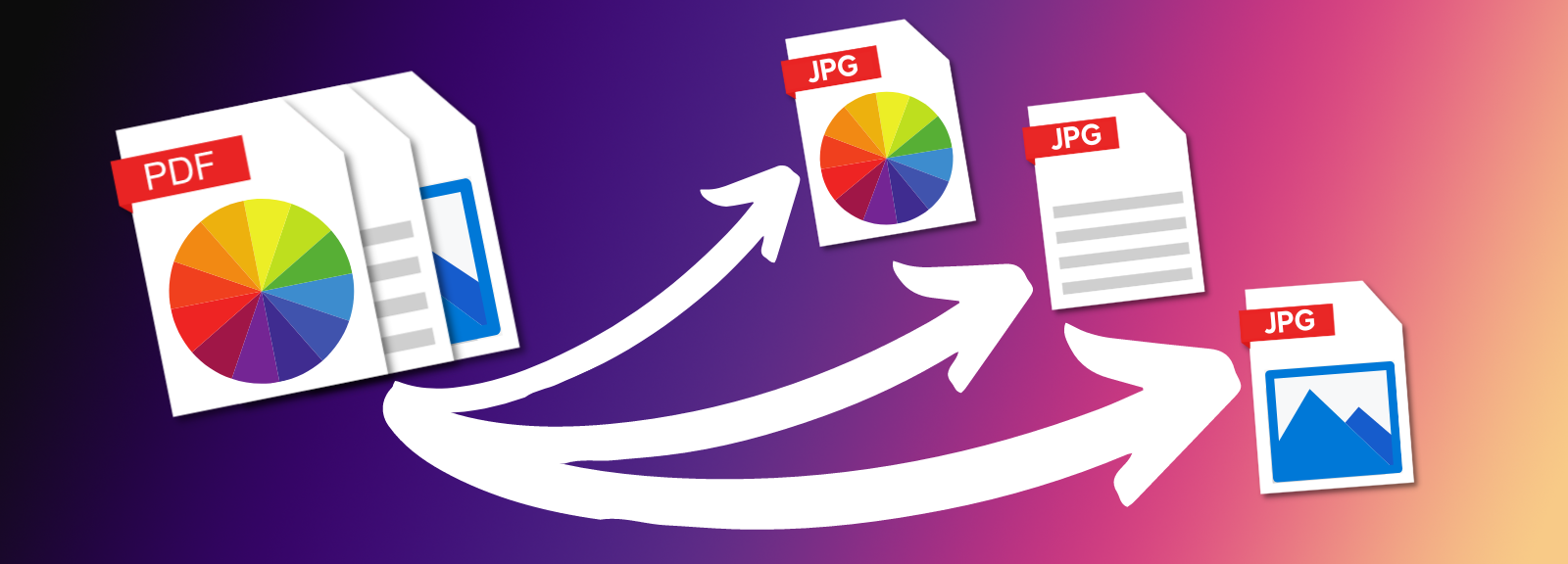 A stack of three documents with a PDF label being redistributed with arrows to three separate documents with JPG labels