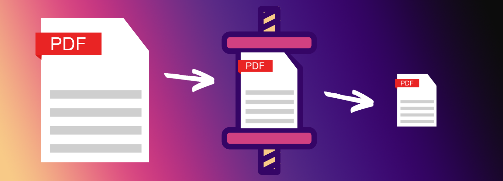 A large PDF is placed in a compression device and squeezed to become a smaller PDF