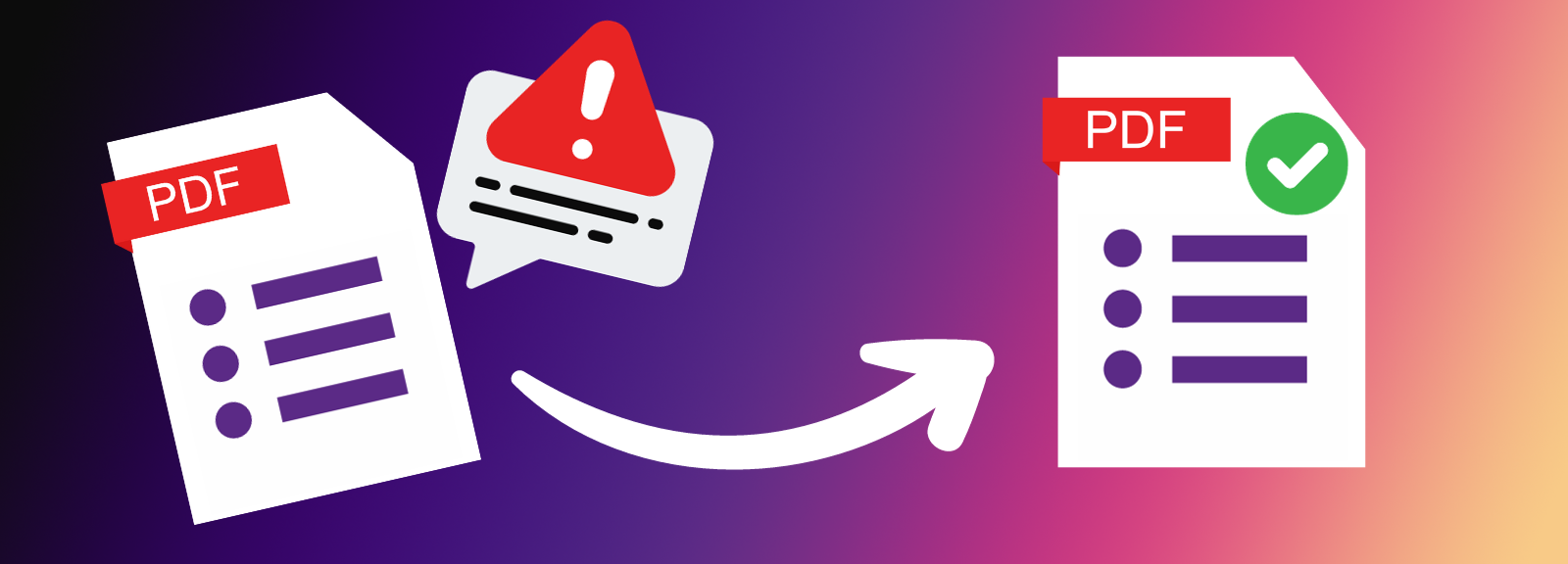 A PDF form displays an error message with an arrow leading to a fixed PDF form with a checkmark stamp of approval