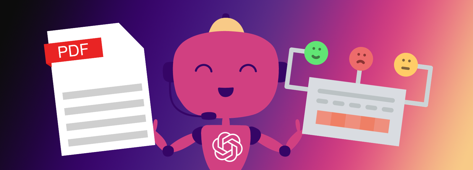 A friendly robot with the OpenAI logo is holding a PDF and a sentiment analysis tool